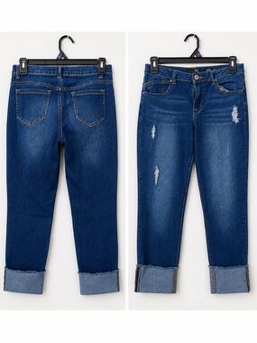 1822 Denim Cropped Distressed Roll-Up Jeans - Blue